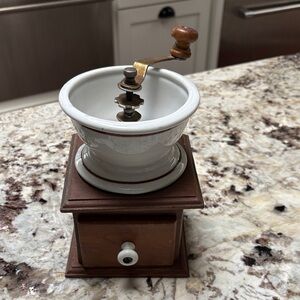 Vintage-Style Ceramic & Wood Manual Coffee Grinder - Brown & White